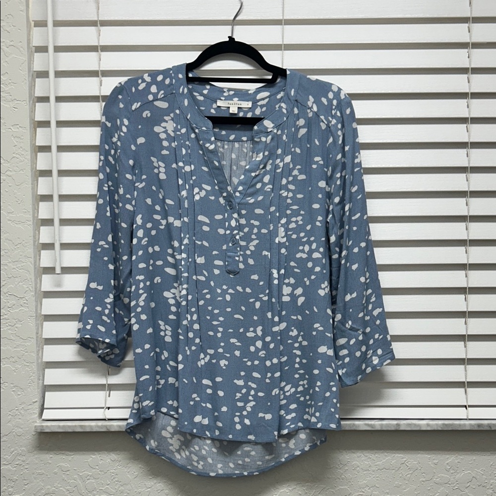 Blue Printed V-Neck Tie-Front Women's Top